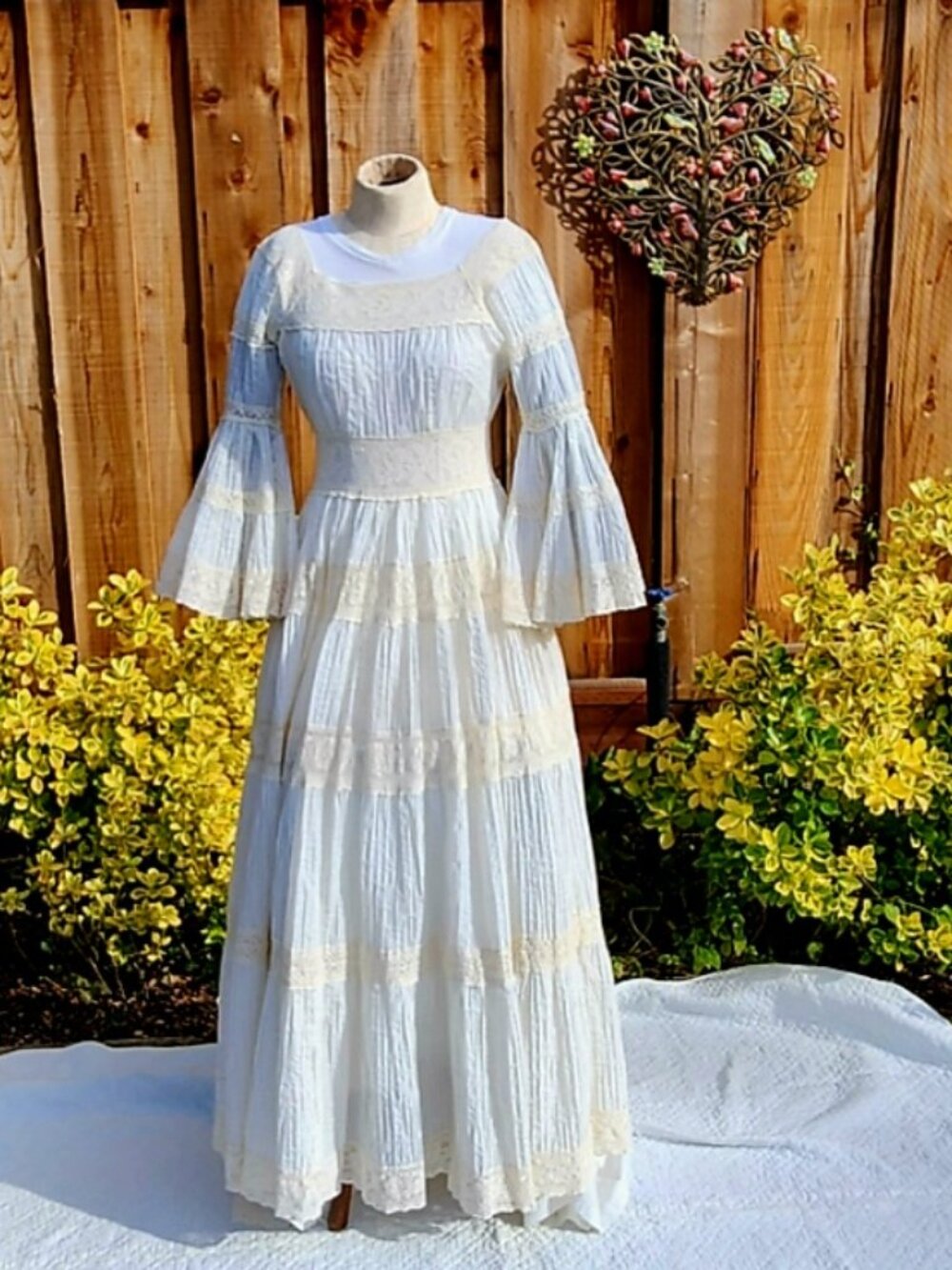 Vintage Mexican Wedding Dress, Pintucks and Lace Panels, Bell Sleeves, Tiered Fl